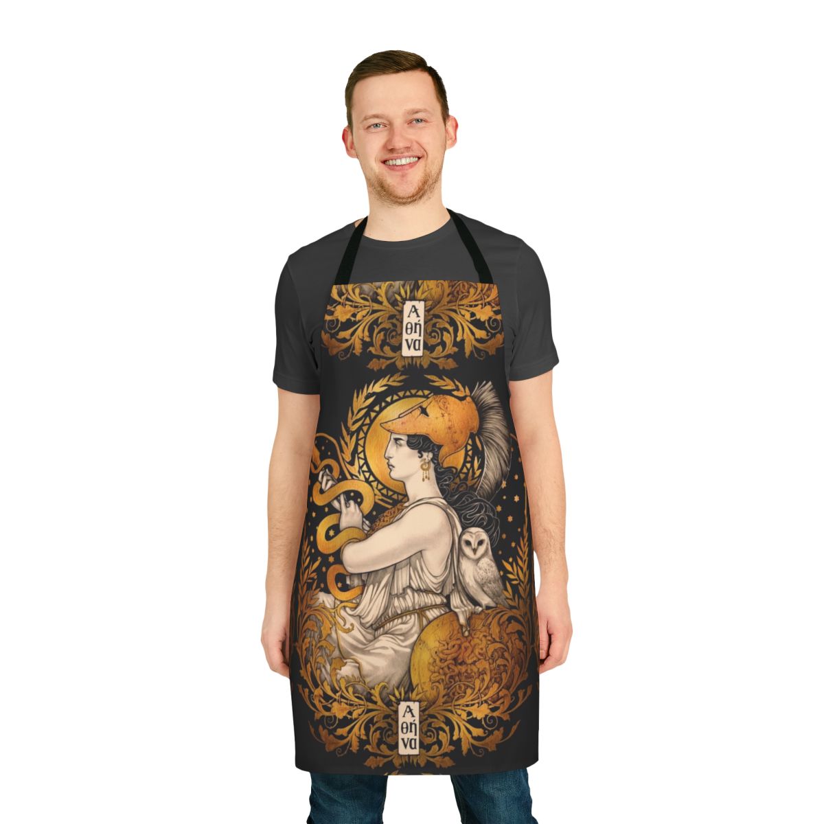 Pallas Athene-inspired apron with art nouveau design, featuring Greek goddess imagery, owls, snakes, and other mythological elements.