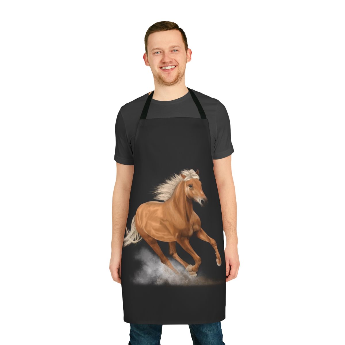 Vibrant painting of a running palomino horse on a durable apron