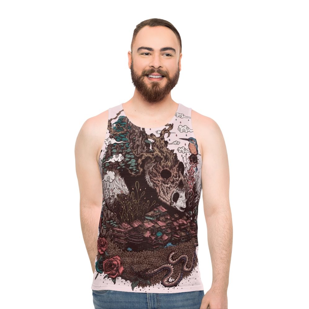 Unisex tank top with panda bear and nature illustration design