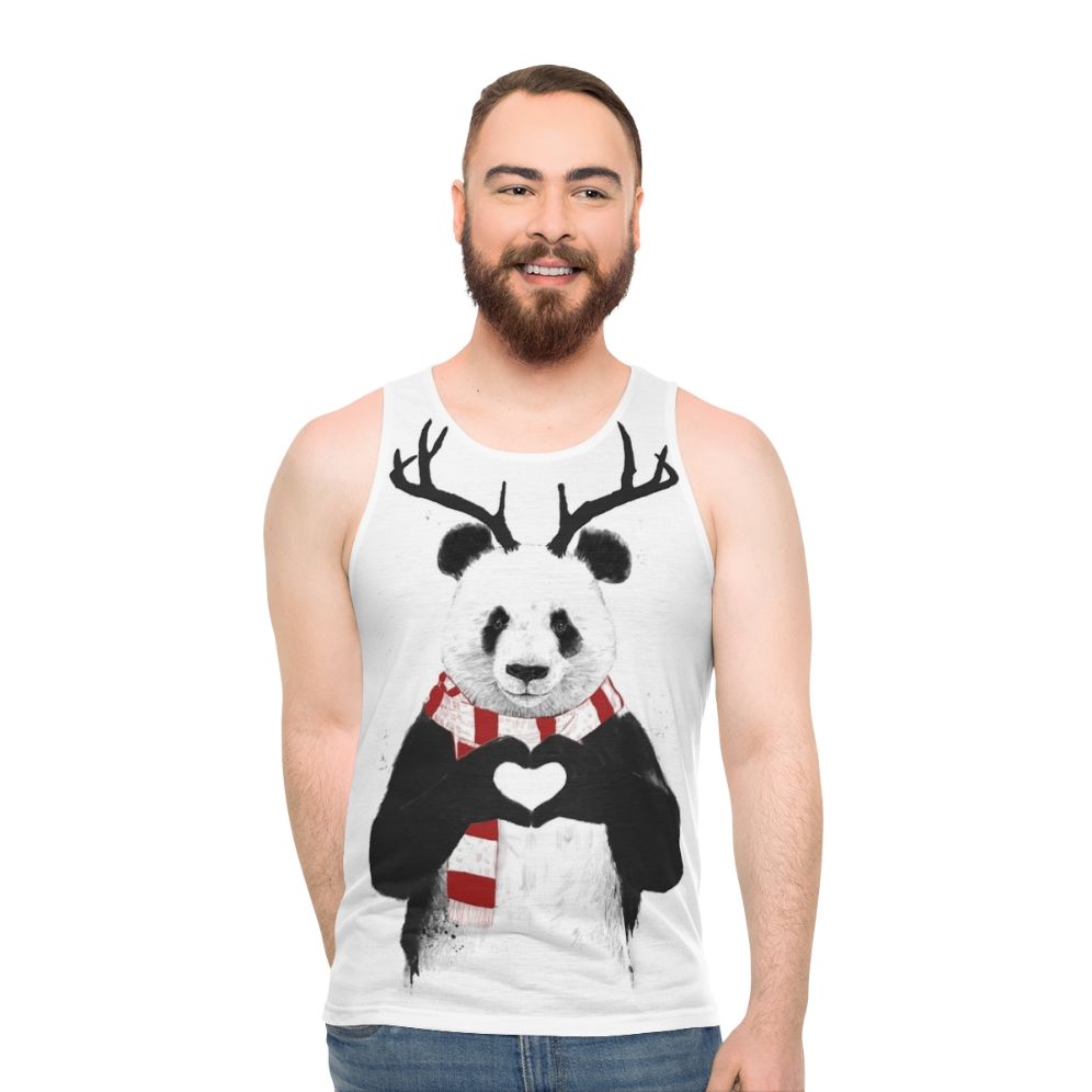 Panda wearing antlers on a Christmas-themed unisex tank top