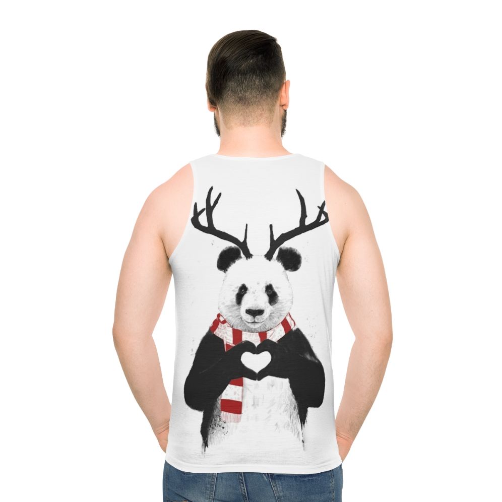 Panda wearing antlers on a Christmas-themed unisex tank top