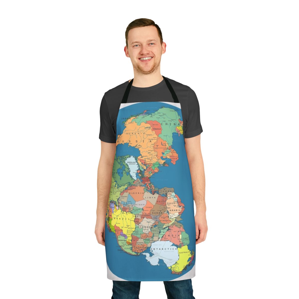 Pangaea-inspired apron with a map design showcasing the ancient supercontinent