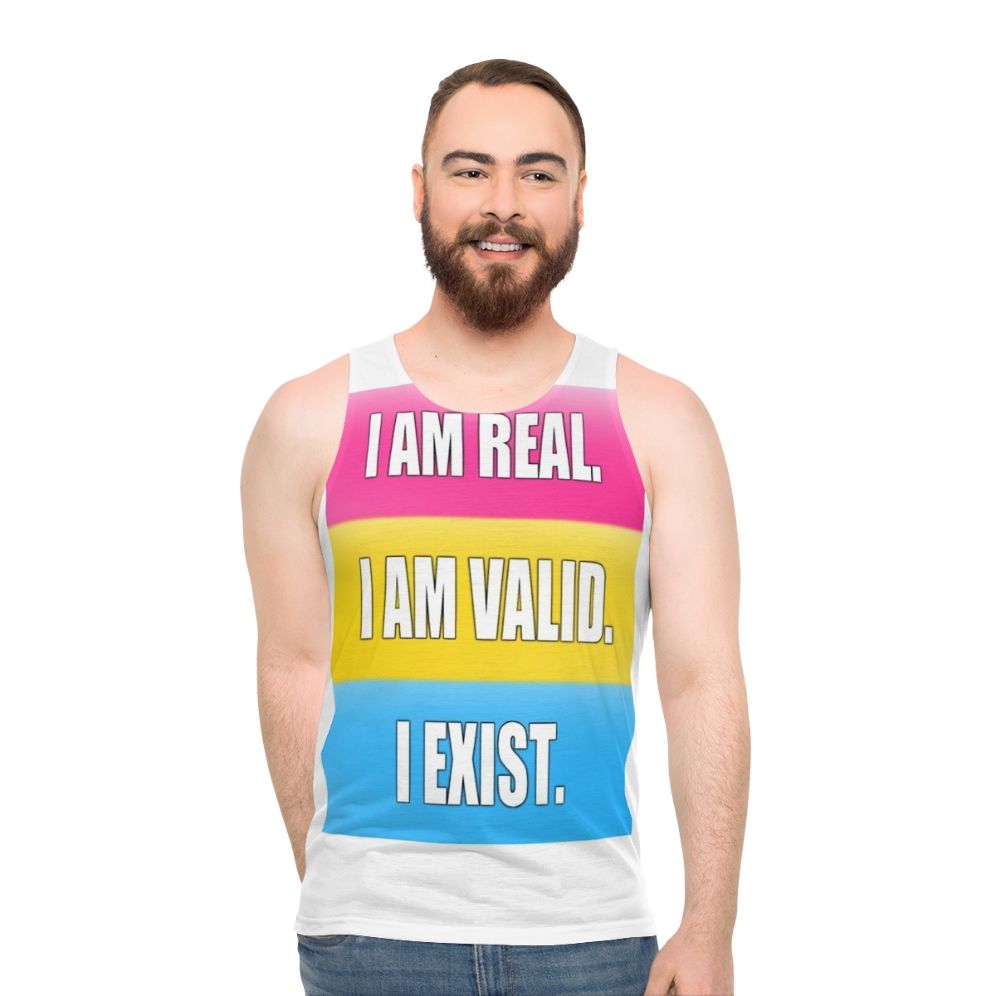 Pansexual pride unisex tank top with the text "I Am Real, I Am Valid, I Exist"