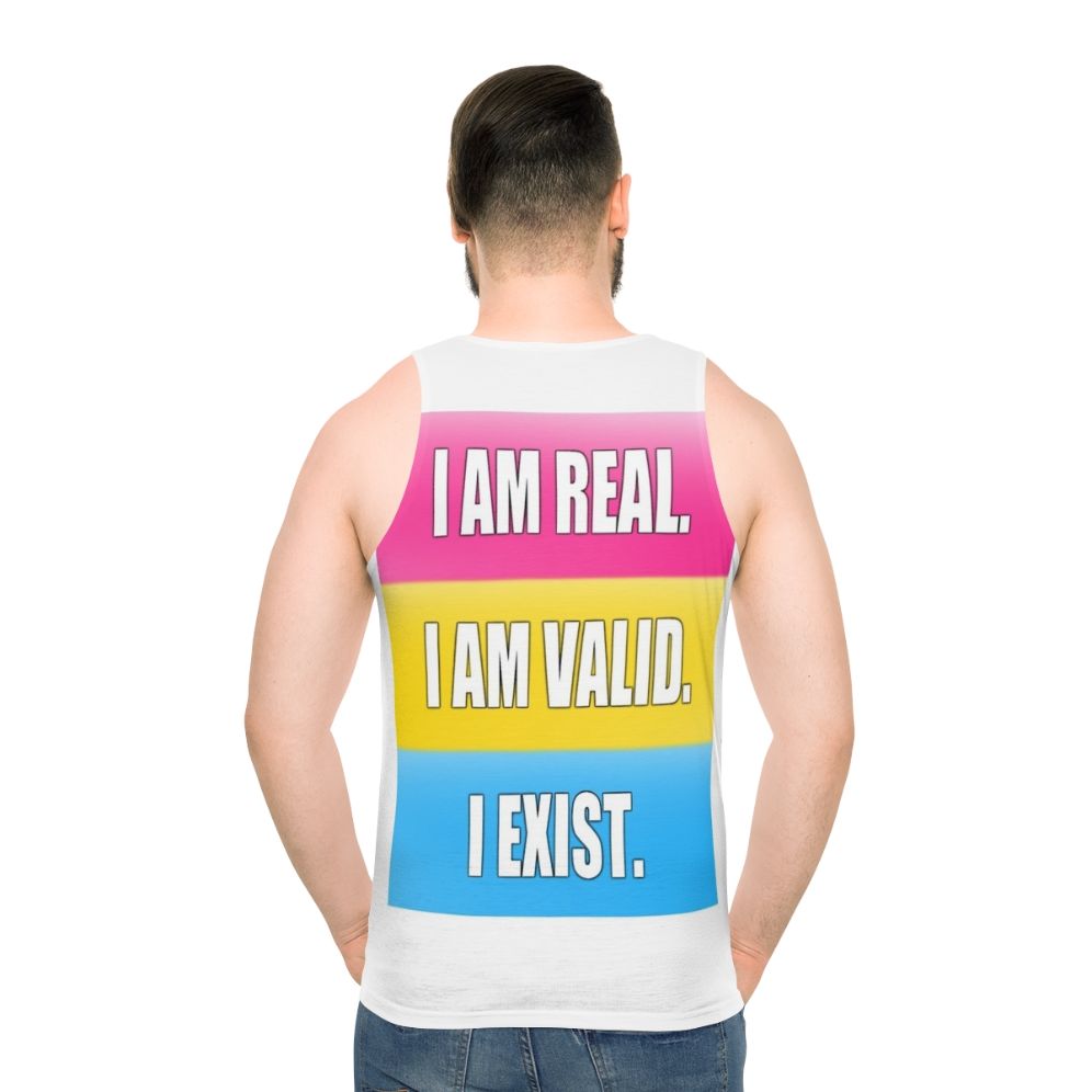 Pansexual pride unisex tank top with the text "I Am Real, I Am Valid, I Exist"