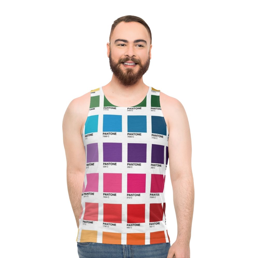 Pantone-inspired unisex tank top displaying various color shades