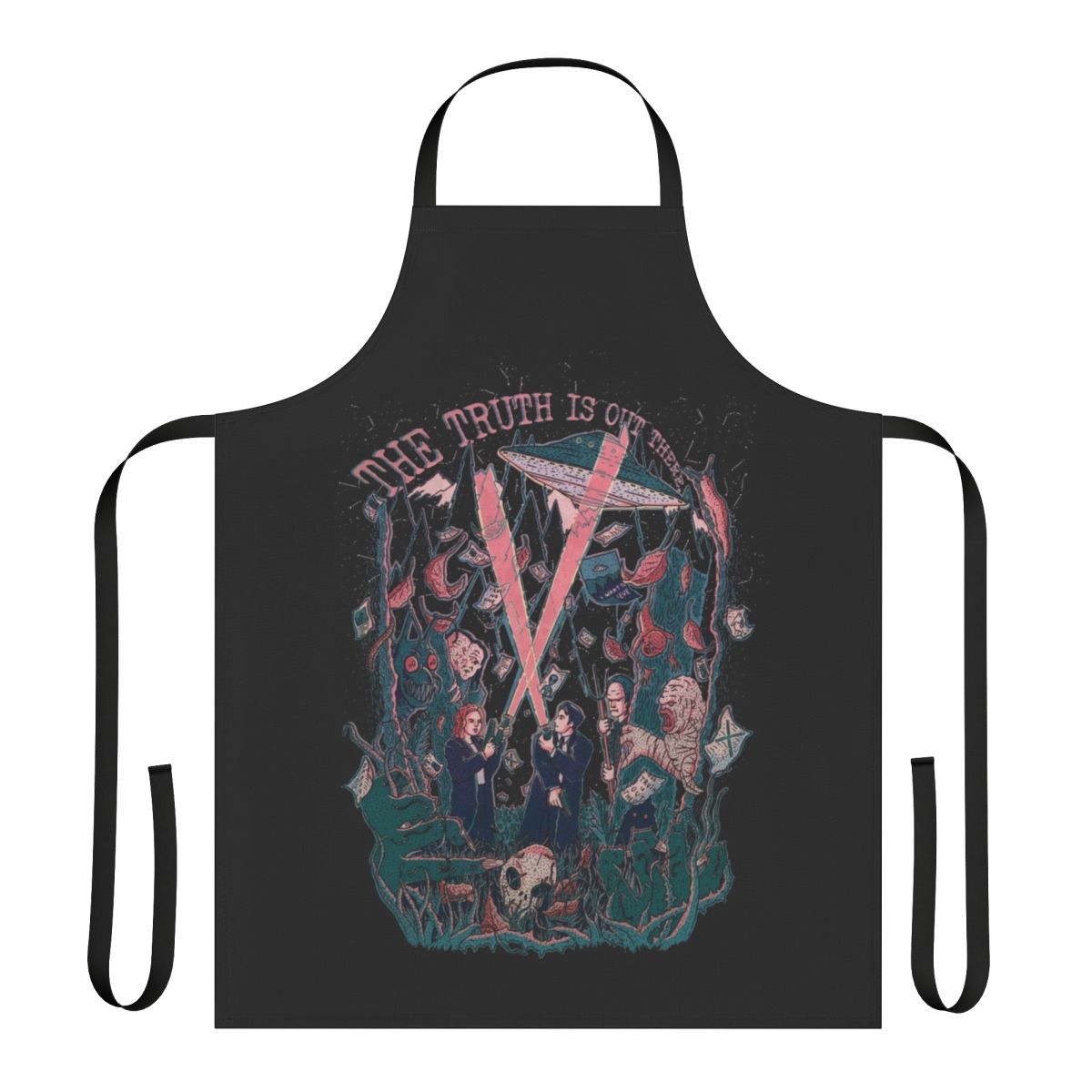 Apron featuring imagery and text inspired by the TV series The X-Files
