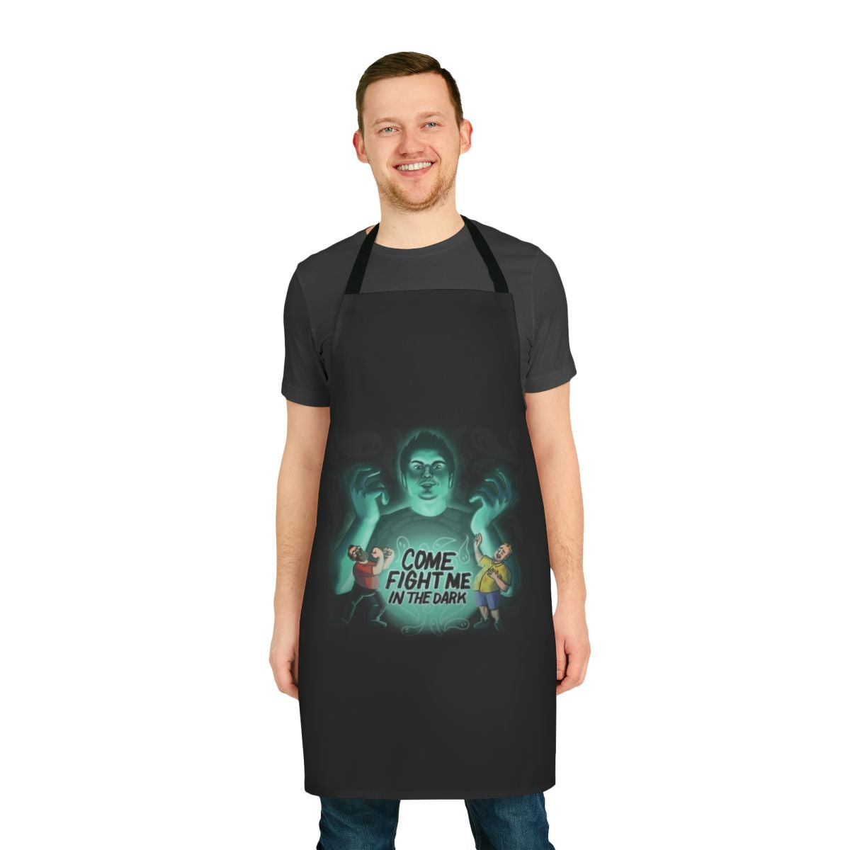 Dark apron with "Come Fight Me In The Dark" slogan, perfect for paranormal fans