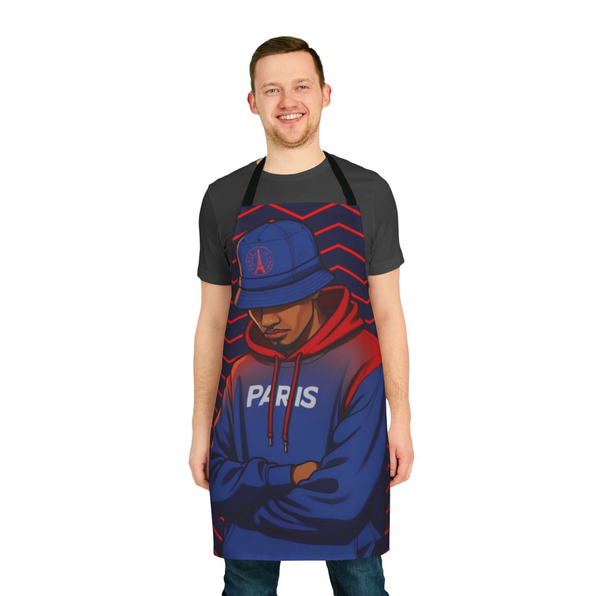 Stylish parisian-themed apron with Eiffel Tower and French flag design