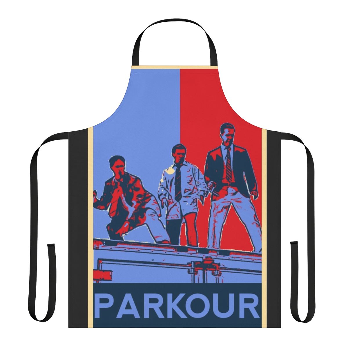 Person wearing a Parkour-inspired kitchen apron with references to The Office characters