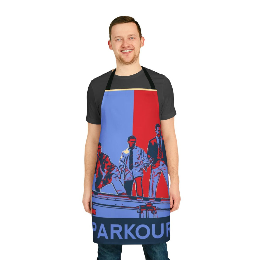Person wearing a Parkour-inspired kitchen apron with references to The Office characters