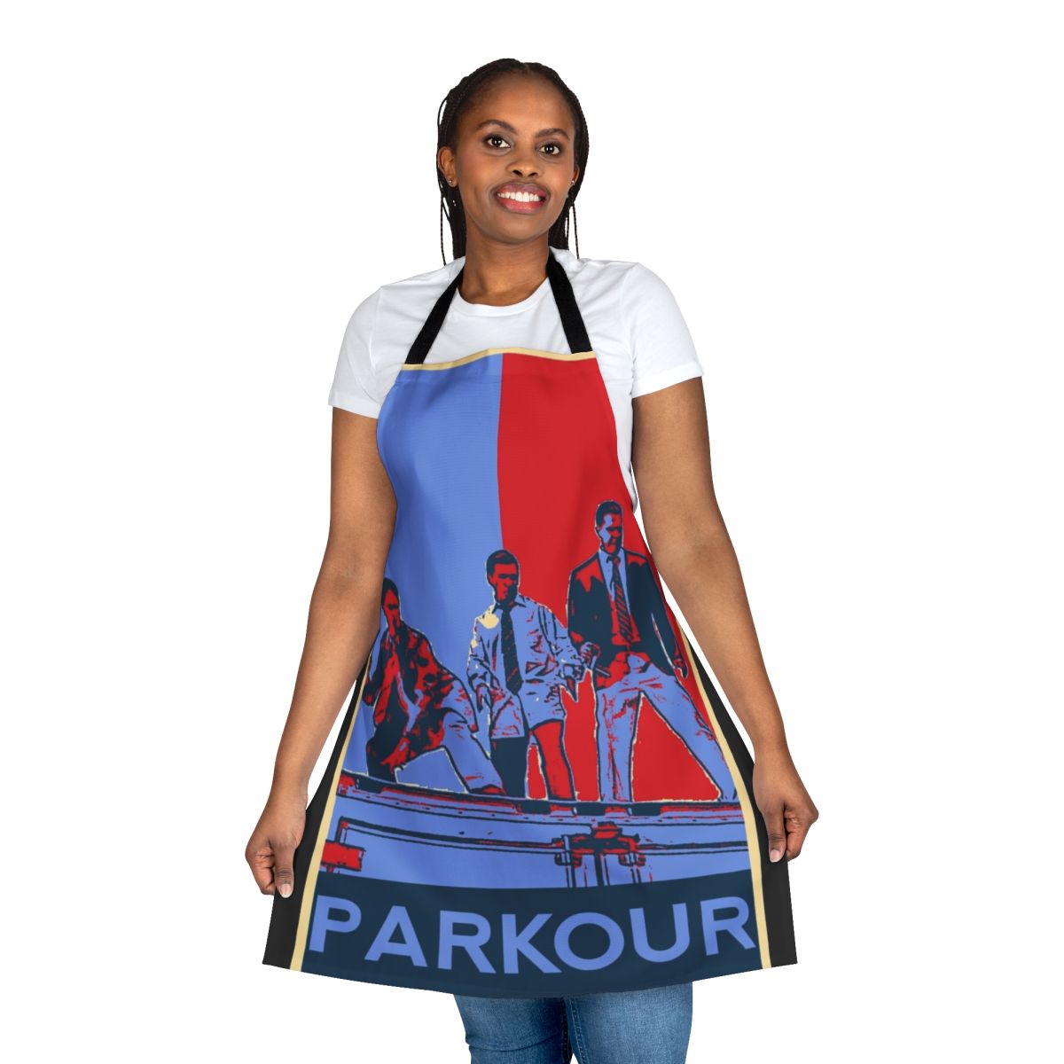 Person wearing a Parkour-inspired kitchen apron with references to The Office characters