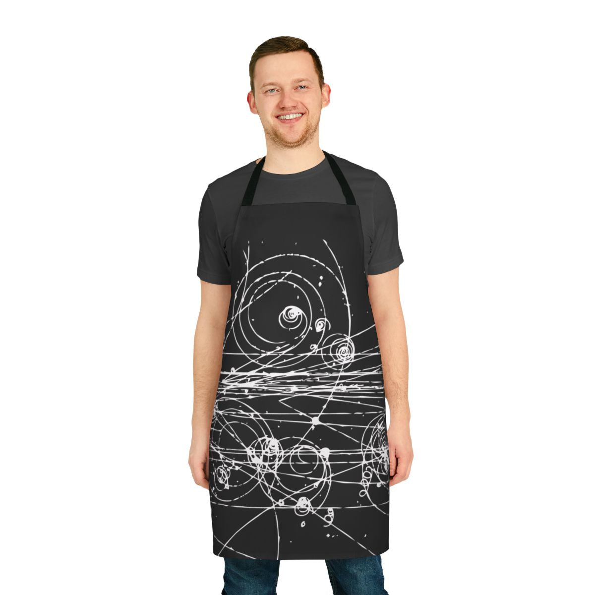 Dark apron featuring particle tracks design, perfect for science-minded individuals