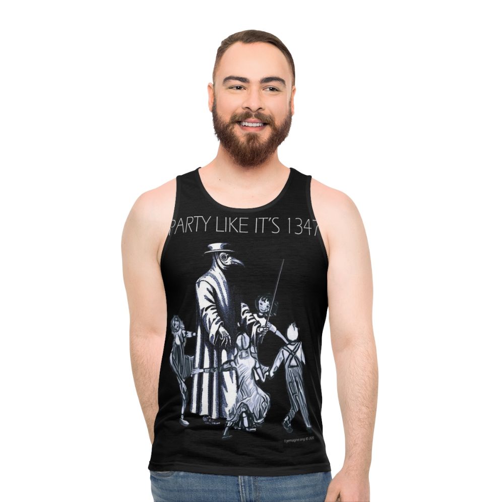 "Party Like It's 1347" unisex tank top featuring plague doctor design
