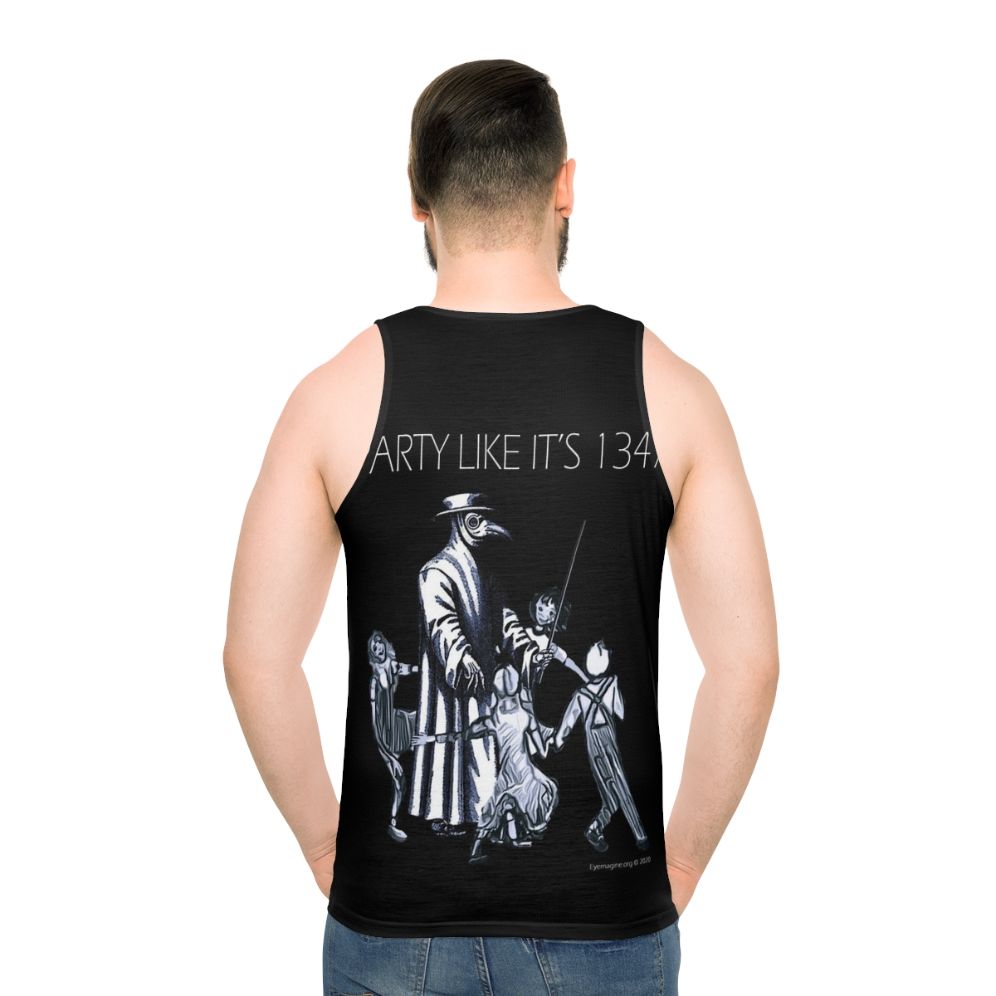 "Party Like It's 1347" unisex tank top featuring plague doctor design