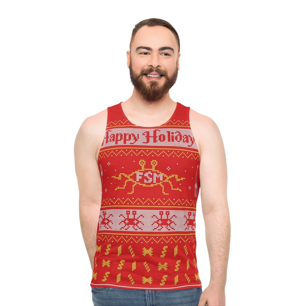 Pastafarian Christmas Unisex Tank Top with Flying Spaghetti Monster Design