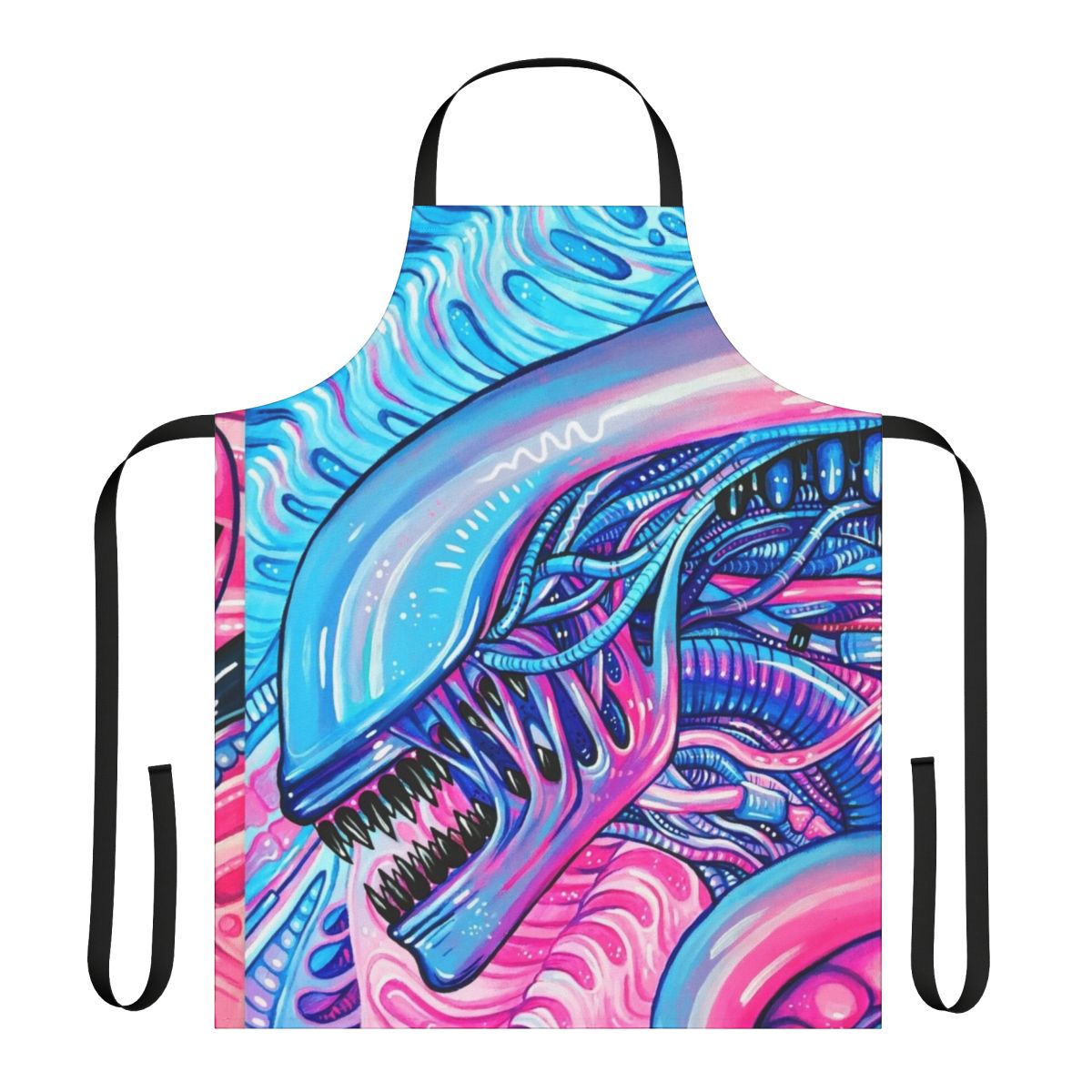 Vibrant acrylic painting of a whimsical alien creature on a cotton canvas apron