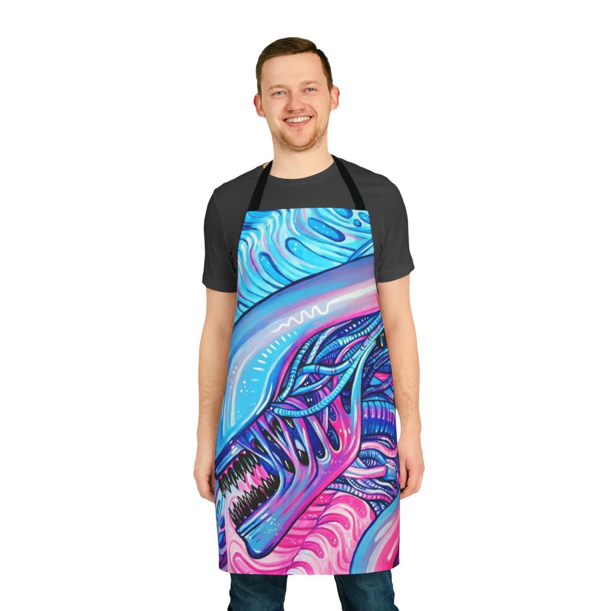 Vibrant acrylic painting of a whimsical alien creature on a cotton canvas apron