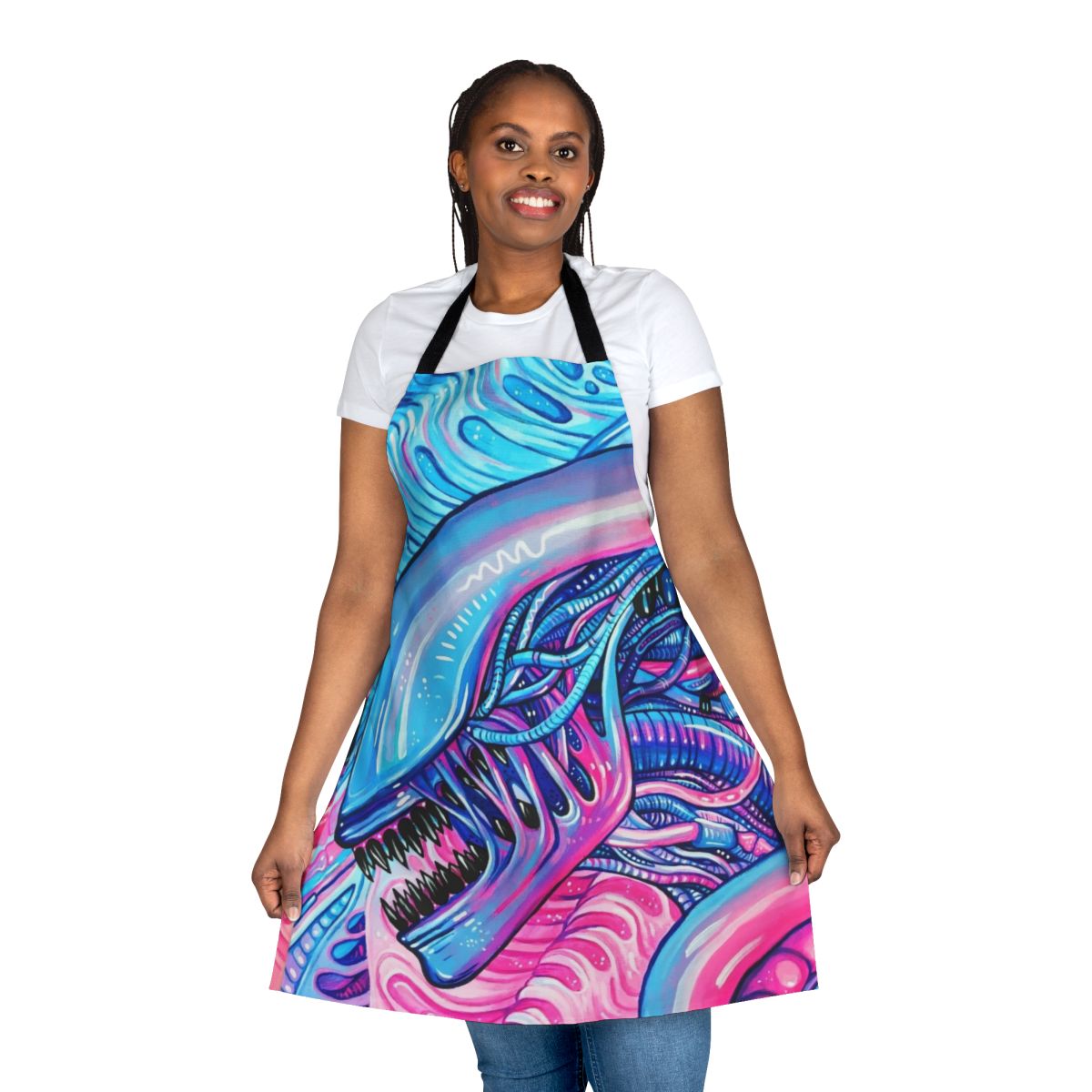 Vibrant acrylic painting of a whimsical alien creature on a cotton canvas apron