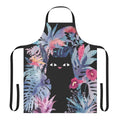 Pastel black velvet apron with tropical floral design featuring a black cat, monstera leaves, and palm fronds