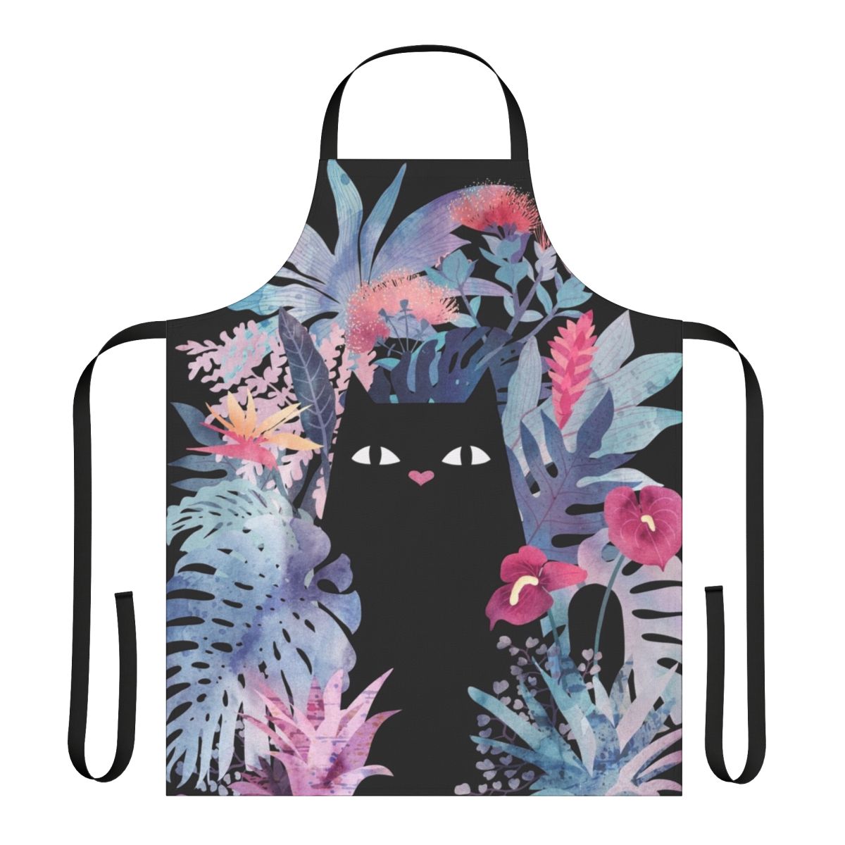 Pastel black velvet apron with tropical floral design featuring a black cat, monstera leaves, and palm fronds