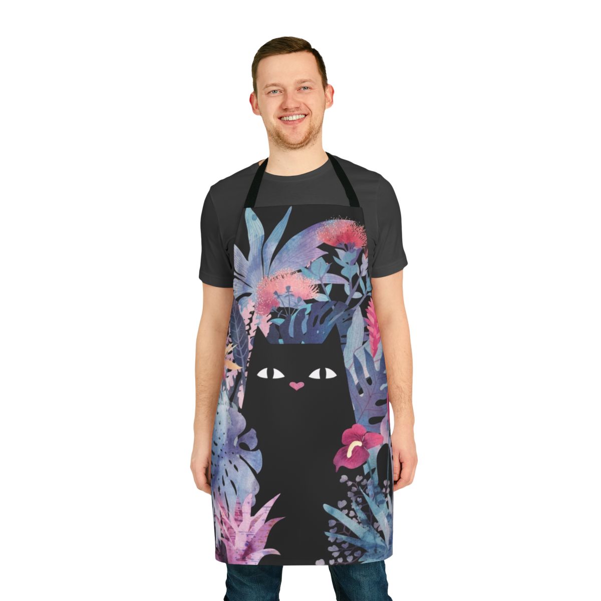 Pastel black velvet apron with tropical floral design featuring a black cat, monstera leaves, and palm fronds