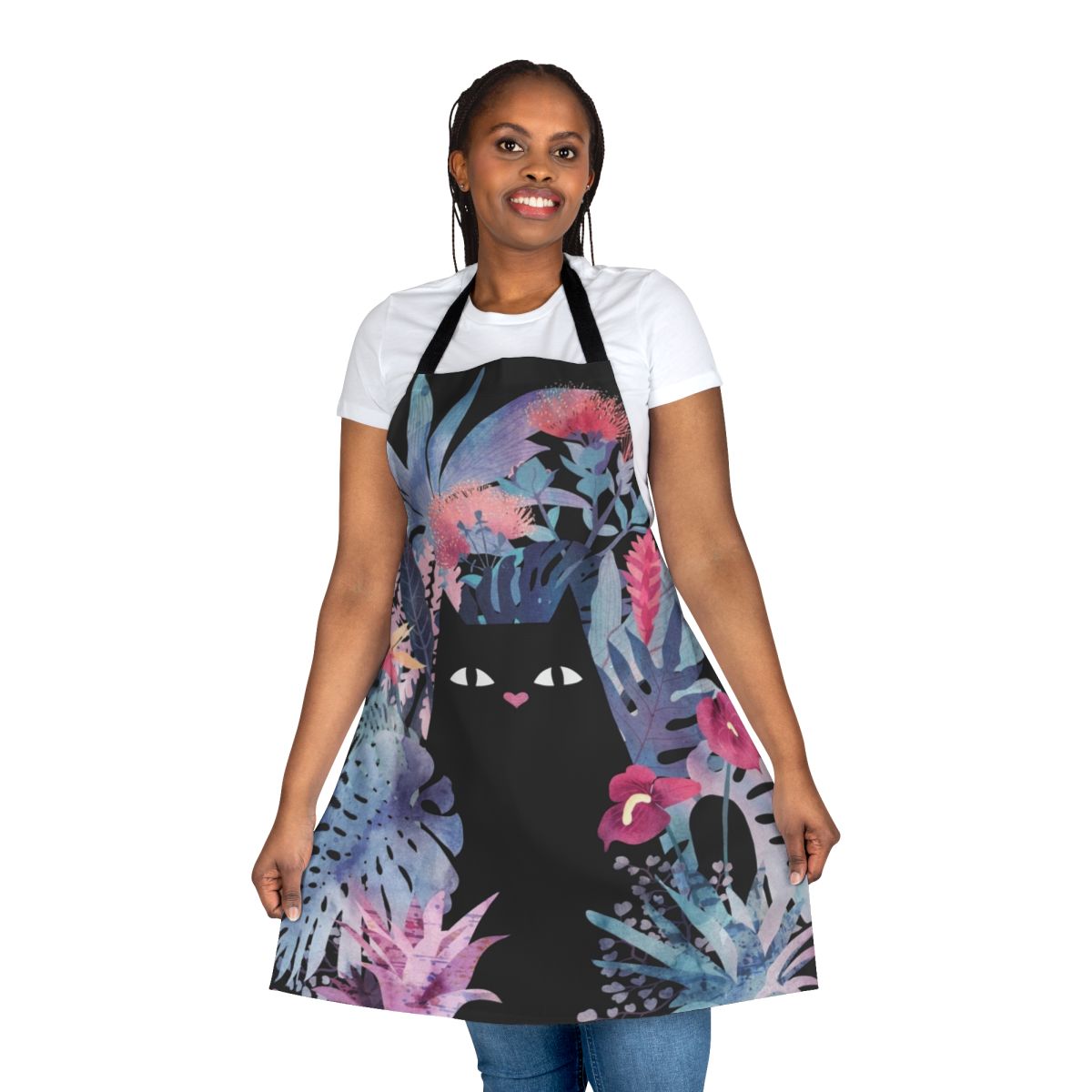 Pastel black velvet apron with tropical floral design featuring a black cat, monstera leaves, and palm fronds