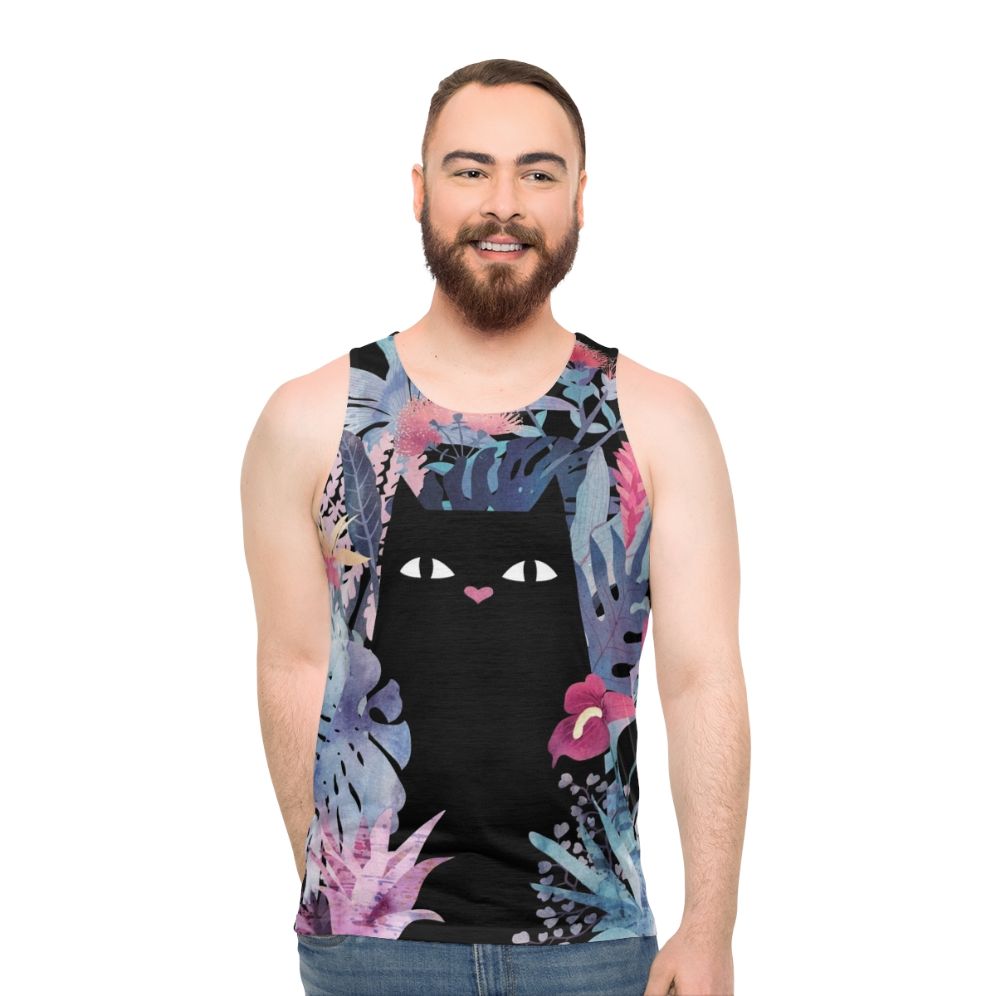 Pastel black velvet unisex cat print tank top