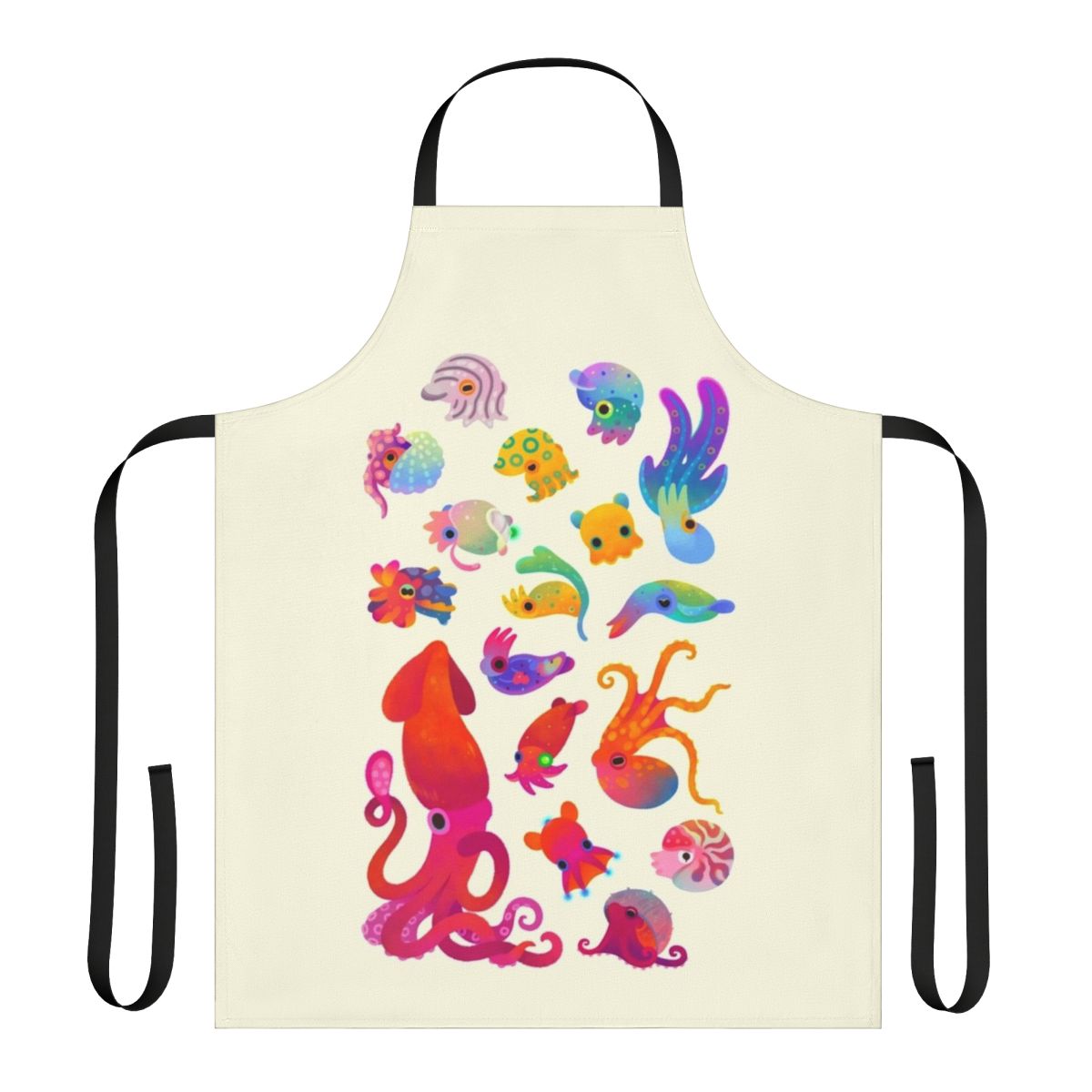 Pastel-colored apron featuring a design of various cephalopod sea creatures like squid, octopus, and cuttlefish