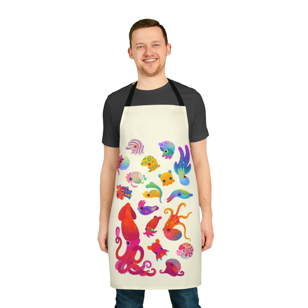Pastel-colored apron featuring a design of various cephalopod sea creatures like squid, octopus, and cuttlefish