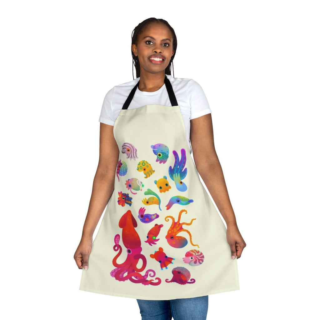 Pastel-colored apron featuring a design of various cephalopod sea creatures like squid, octopus, and cuttlefish