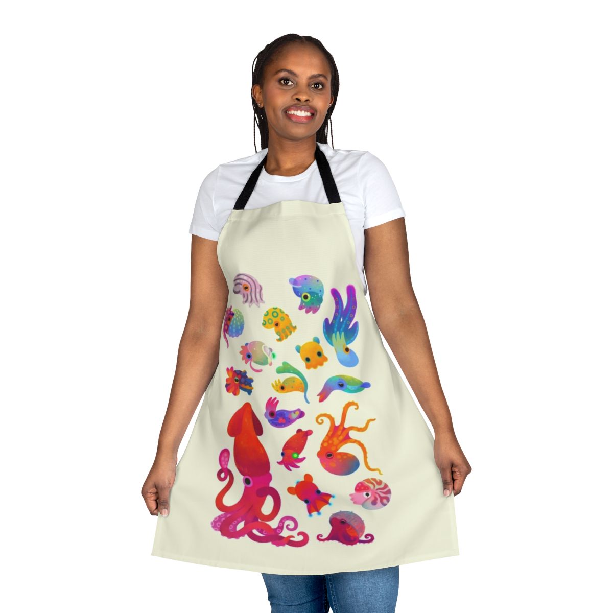Pastel-colored apron featuring a design of various cephalopod sea creatures like squid, octopus, and cuttlefish