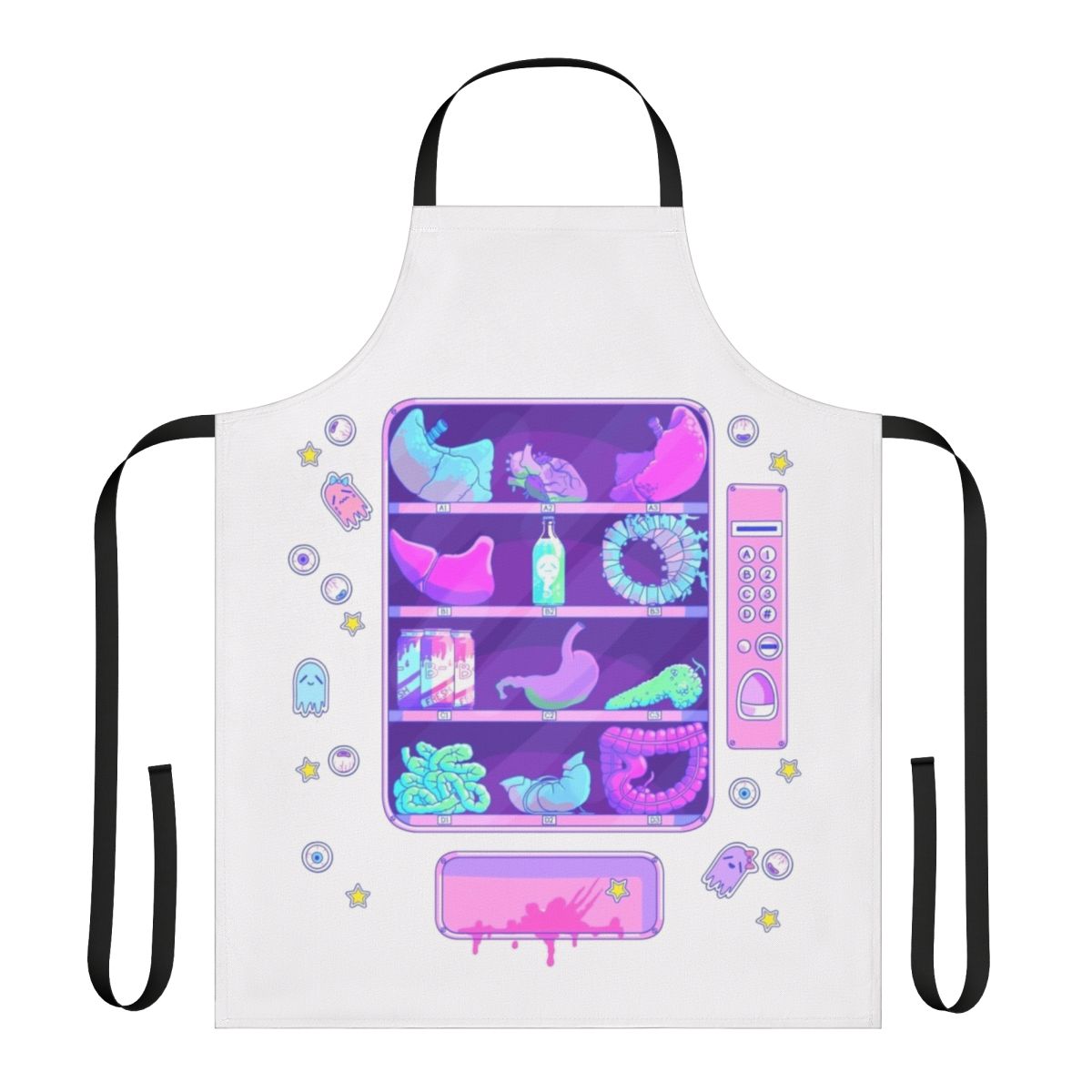 A pastel pink apron featuring cartoon-style organs and a creepy cute design, perfect for the macabre fashion enthusiast.