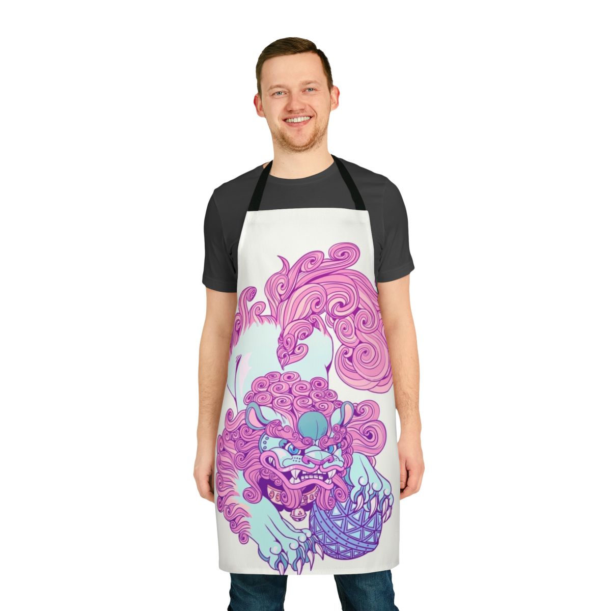 Pastel grunge-style illustration of a lion-like dog on a pet apron