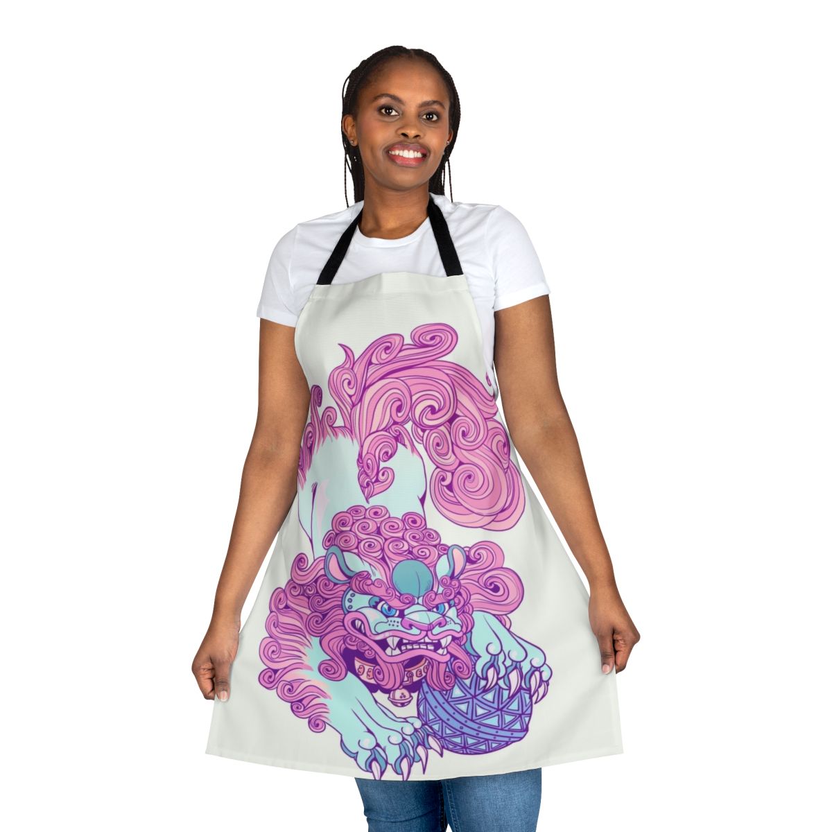 Pastel grunge-style illustration of a lion-like dog on a pet apron