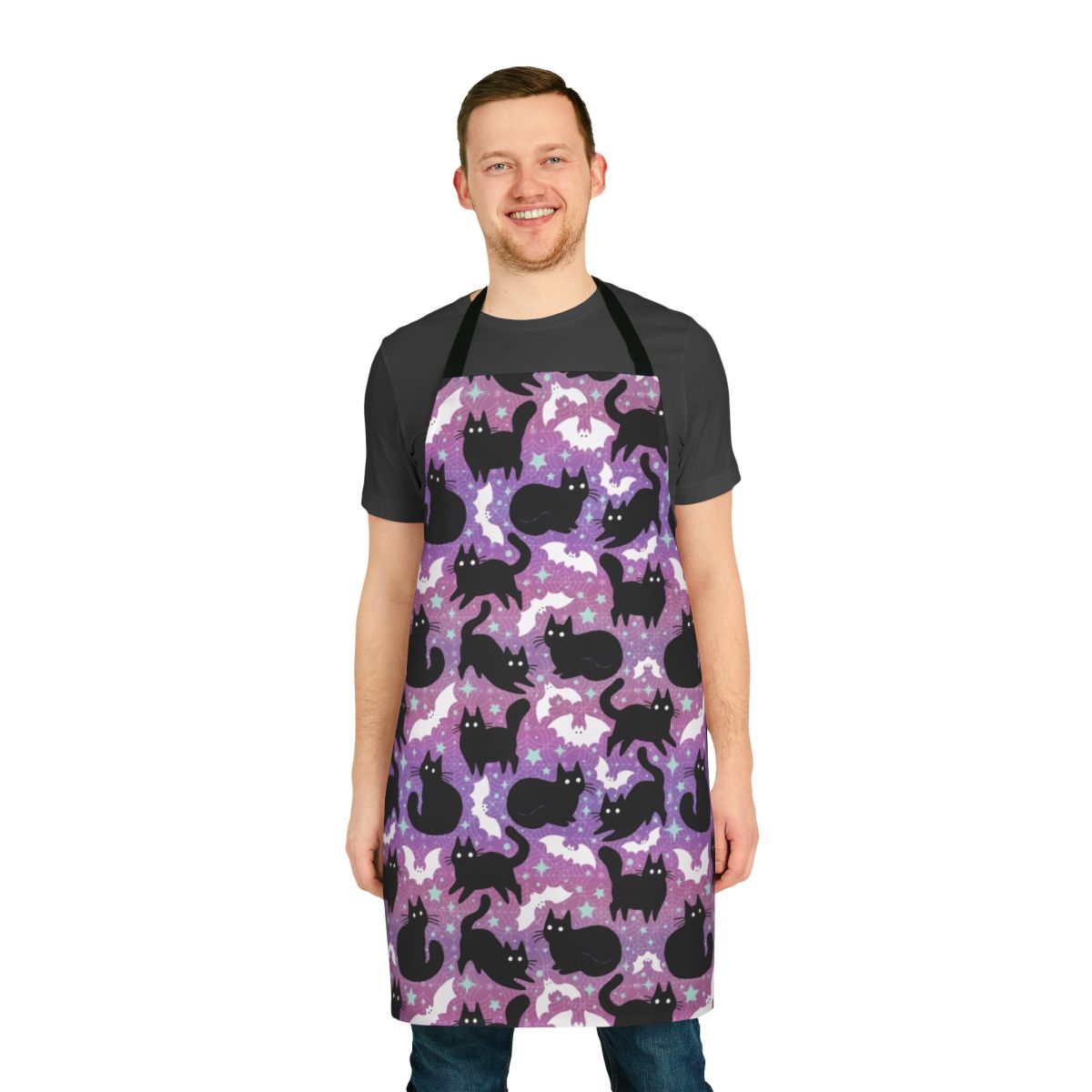 Pastel Halloween apron featuring cute black cats and bats