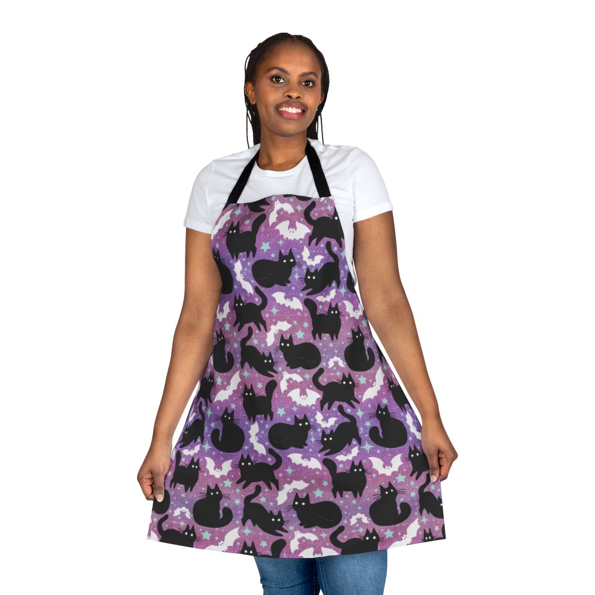 Pastel Halloween apron featuring cute black cats and bats