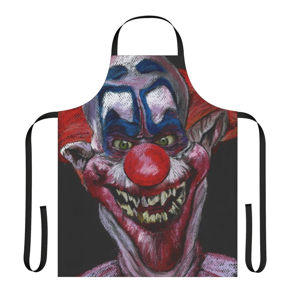 Pastel-colored horror-themed apron with a killer clown design