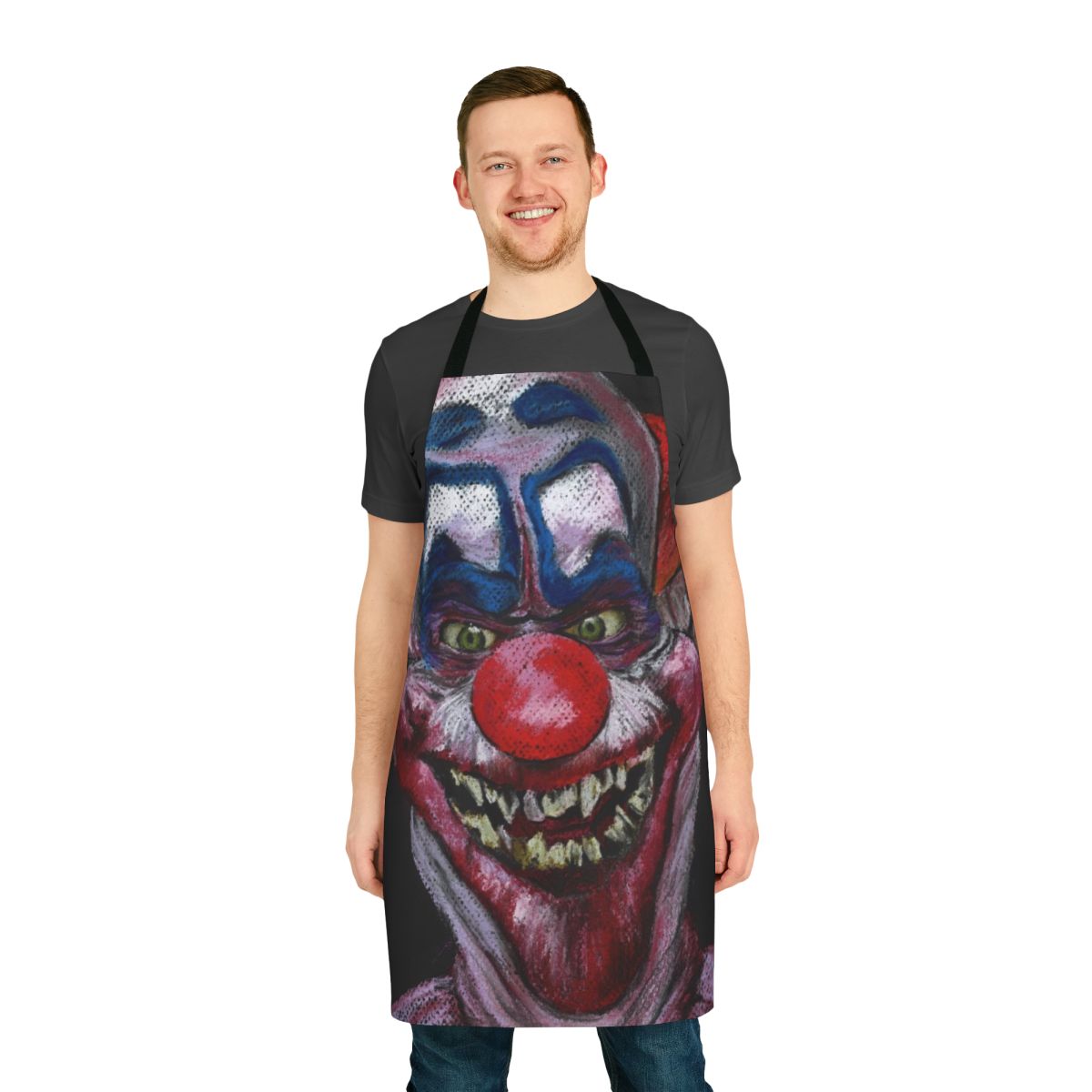 Pastel-colored horror-themed apron with a killer clown design