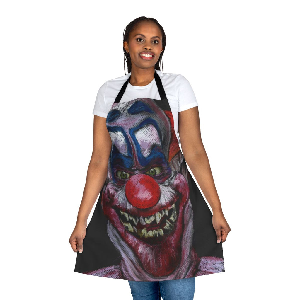 Pastel-colored horror-themed apron with a killer clown design