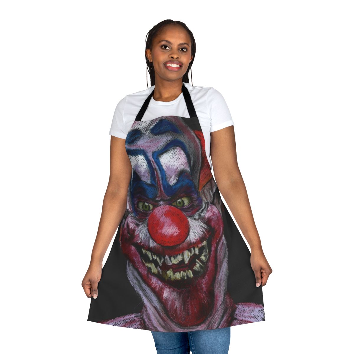 Pastel-colored horror-themed apron with a killer clown design