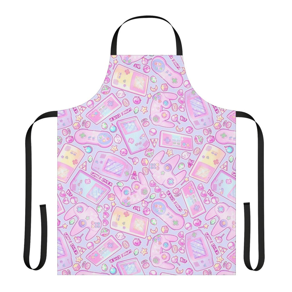 A pastel-colored apron with Nintendo-inspired designs and a retro gaming aesthetic.