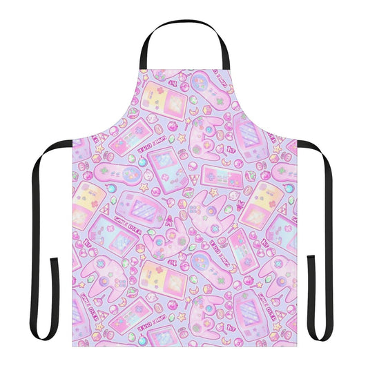 A pastel-colored apron with Nintendo-inspired designs and a retro gaming aesthetic.