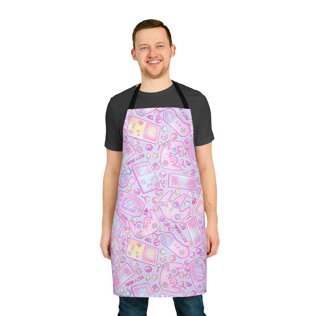 A pastel-colored apron with Nintendo-inspired designs and a retro gaming aesthetic.