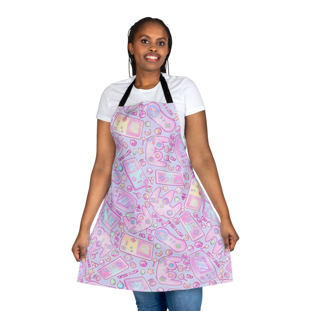 A pastel-colored apron with Nintendo-inspired designs and a retro gaming aesthetic.