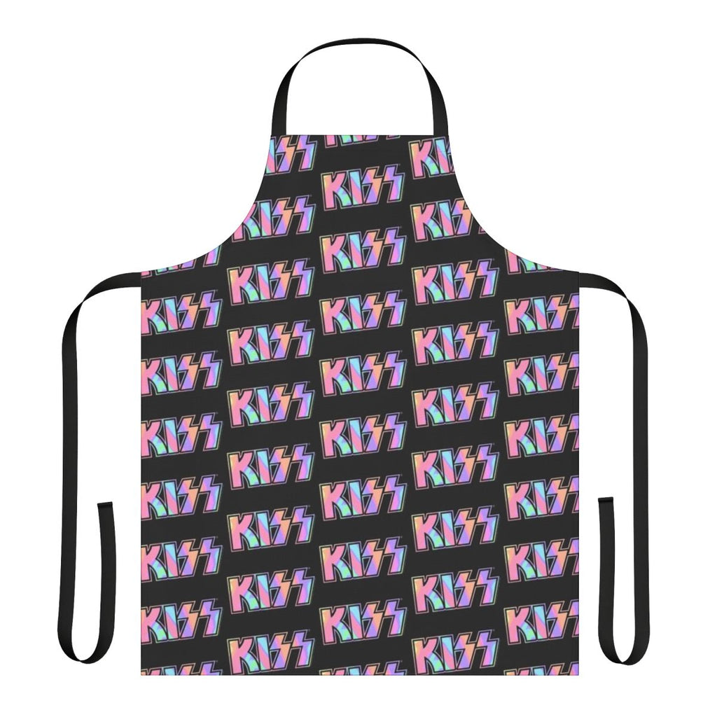 Pastel tie dye inspired Kiss the Band logo printed on a dark apron