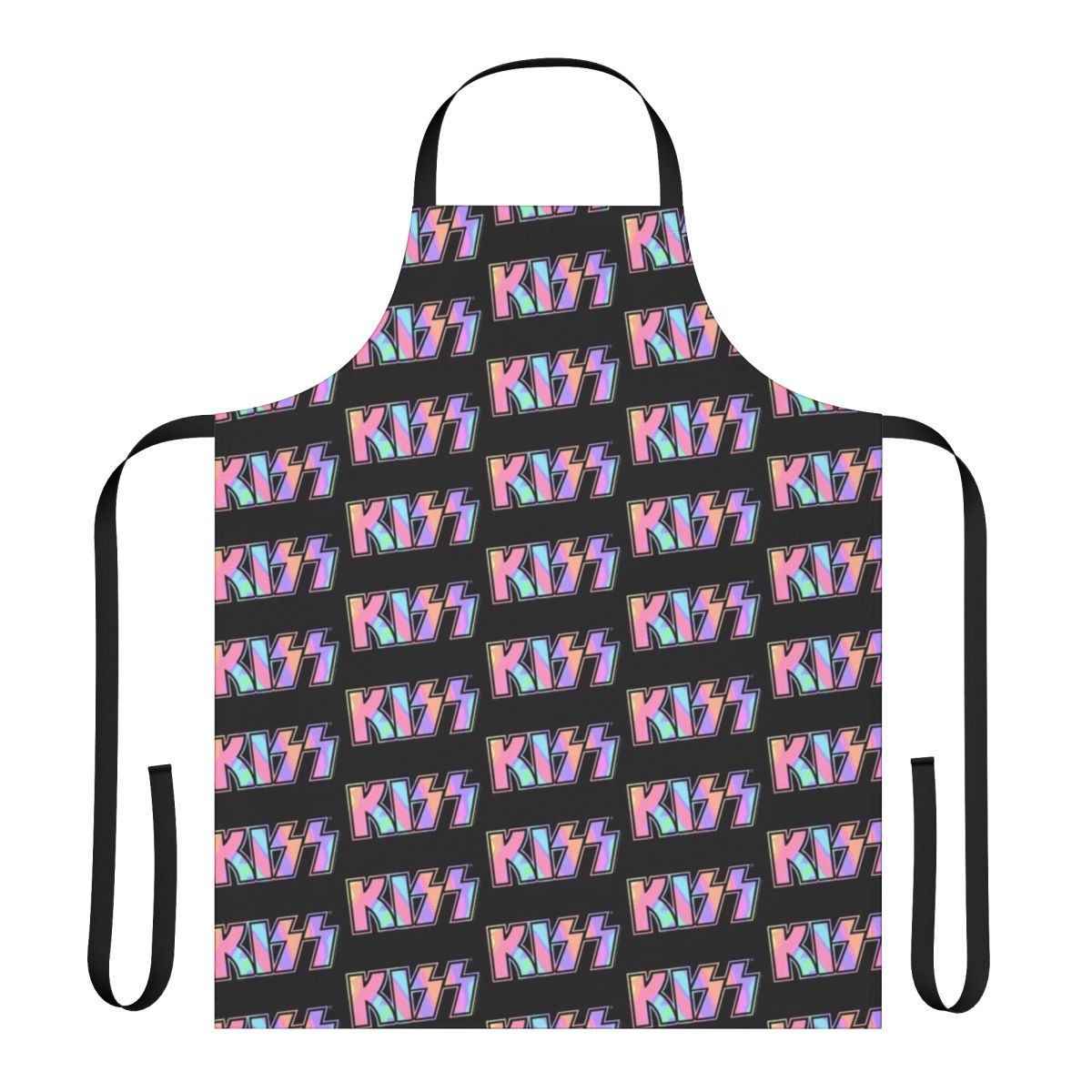 Pastel tie dye inspired Kiss the Band logo printed on a dark apron