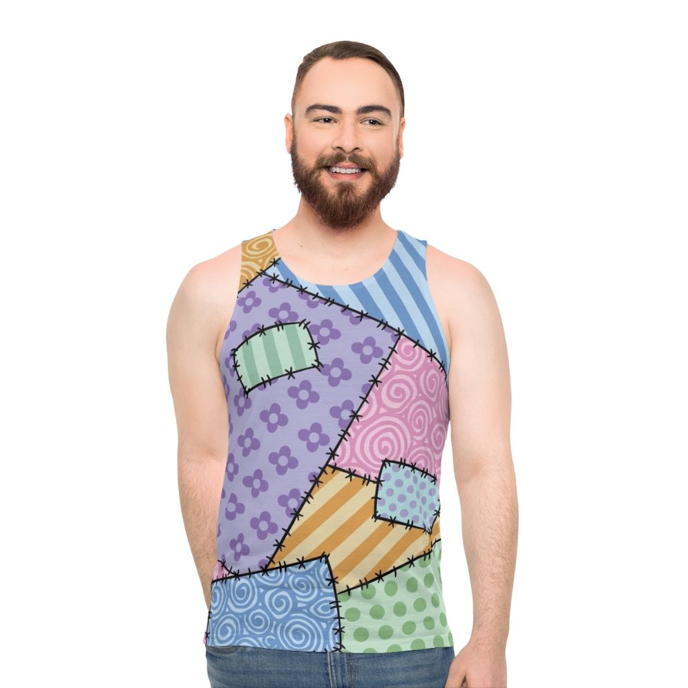 Patchwork unisex tank top with star and floral patterns