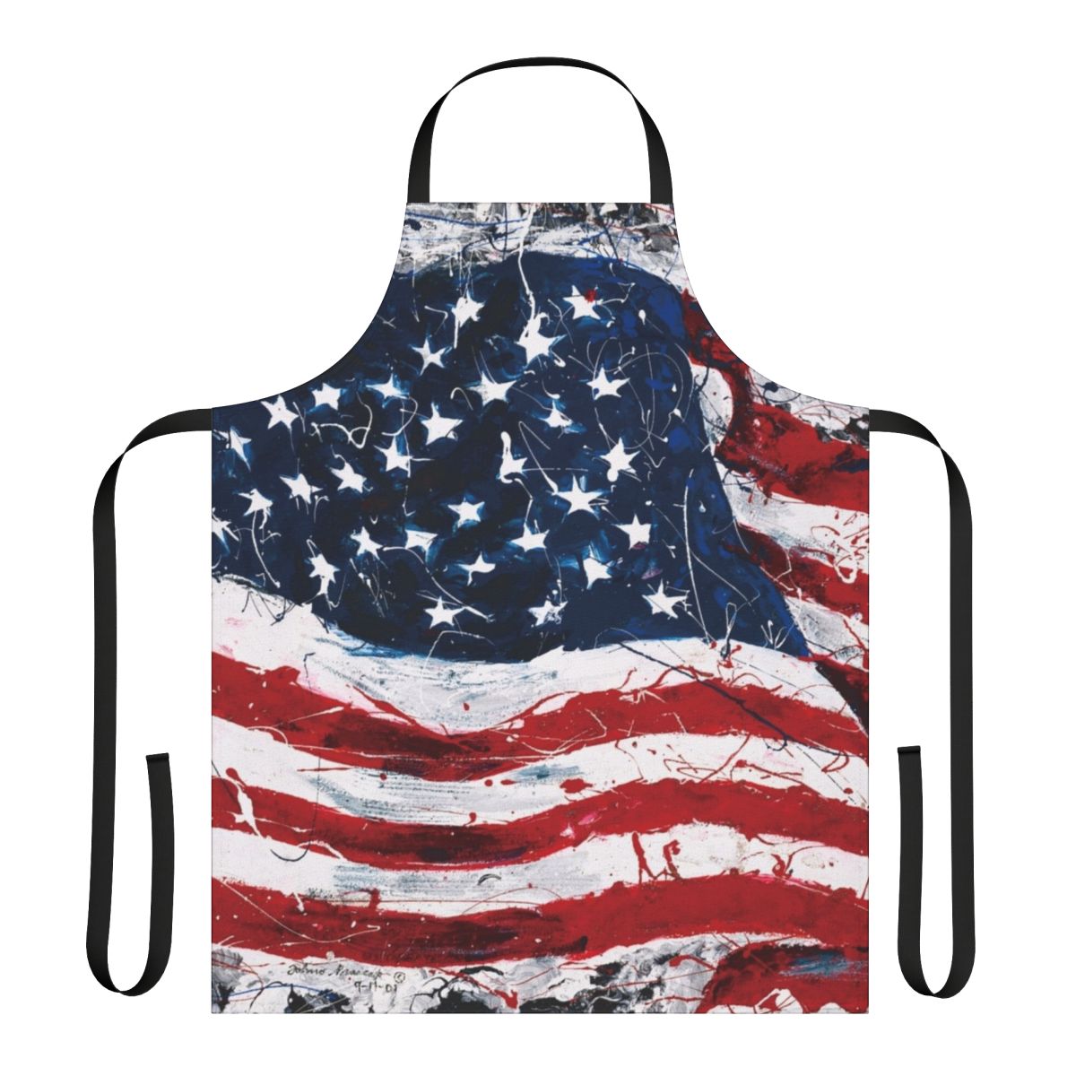 Vibrant watercolor painting of the American flag on a high-quality apron