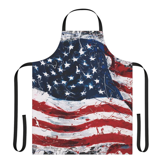 Vibrant watercolor painting of the American flag on a high-quality apron