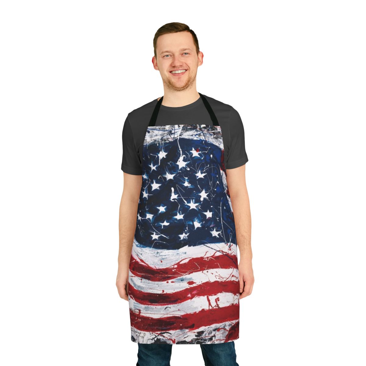 Vibrant watercolor painting of the American flag on a high-quality apron